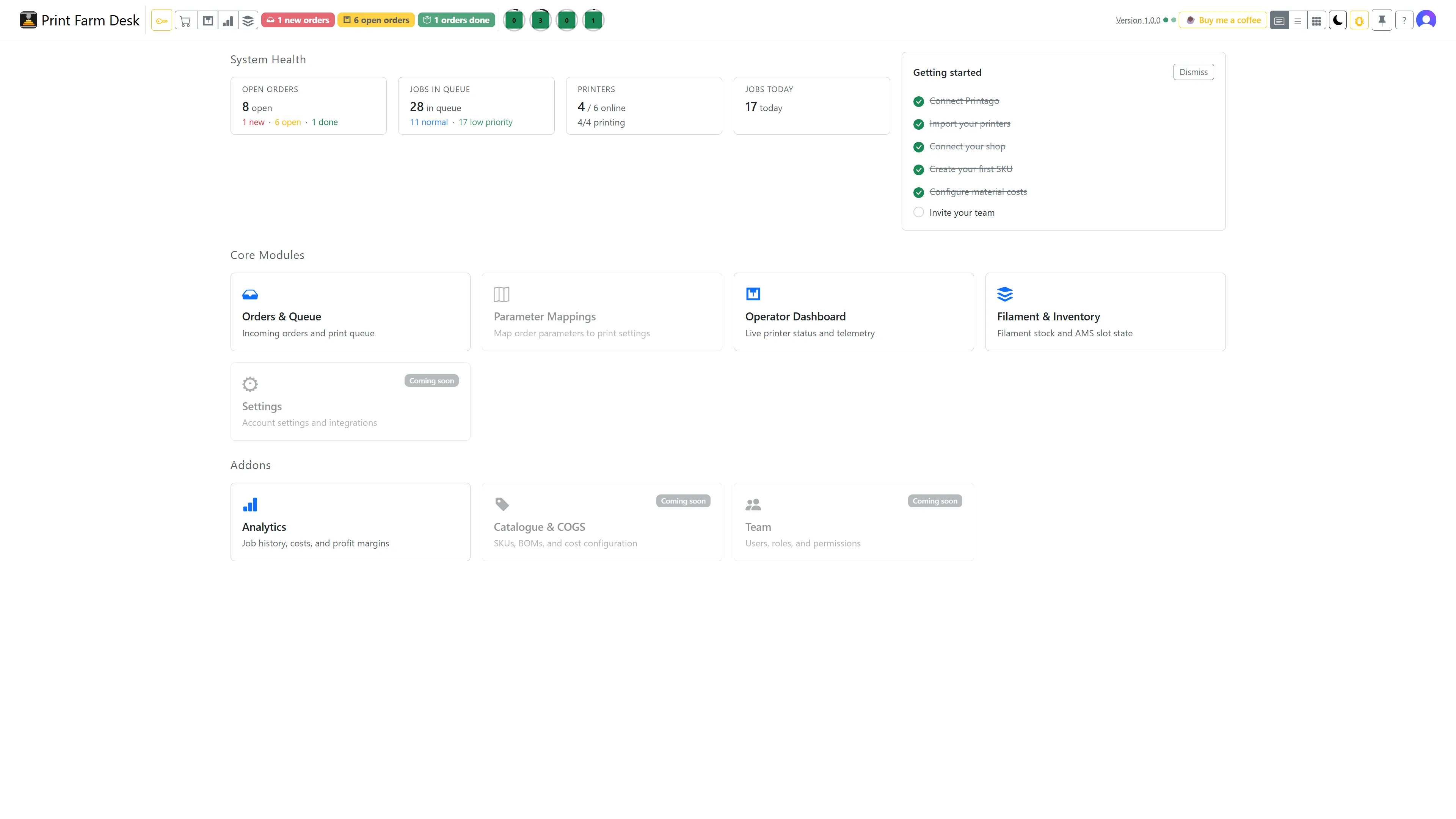 PrintFarmDesk dashboard