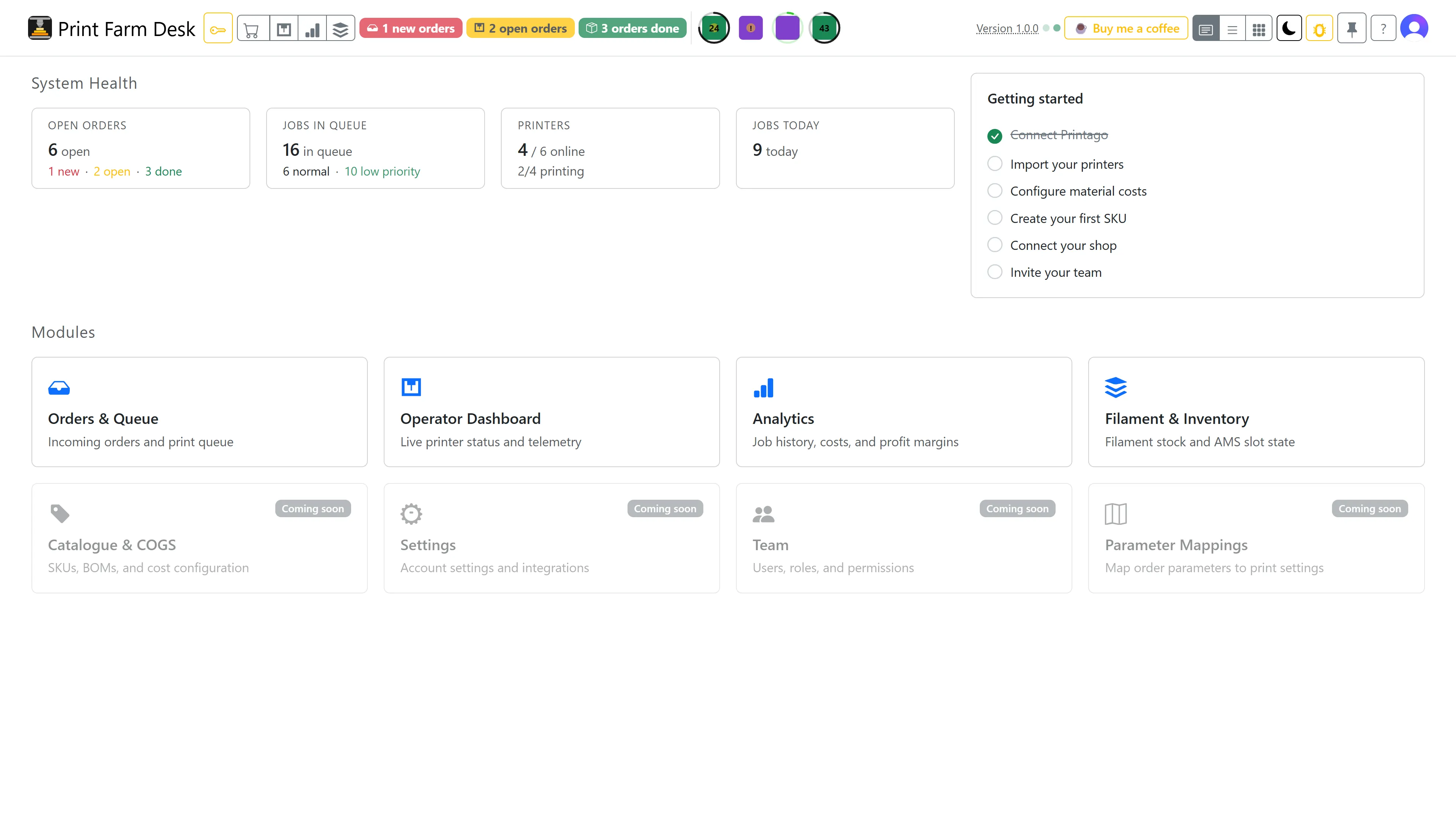 PrintFarmDesk dashboard